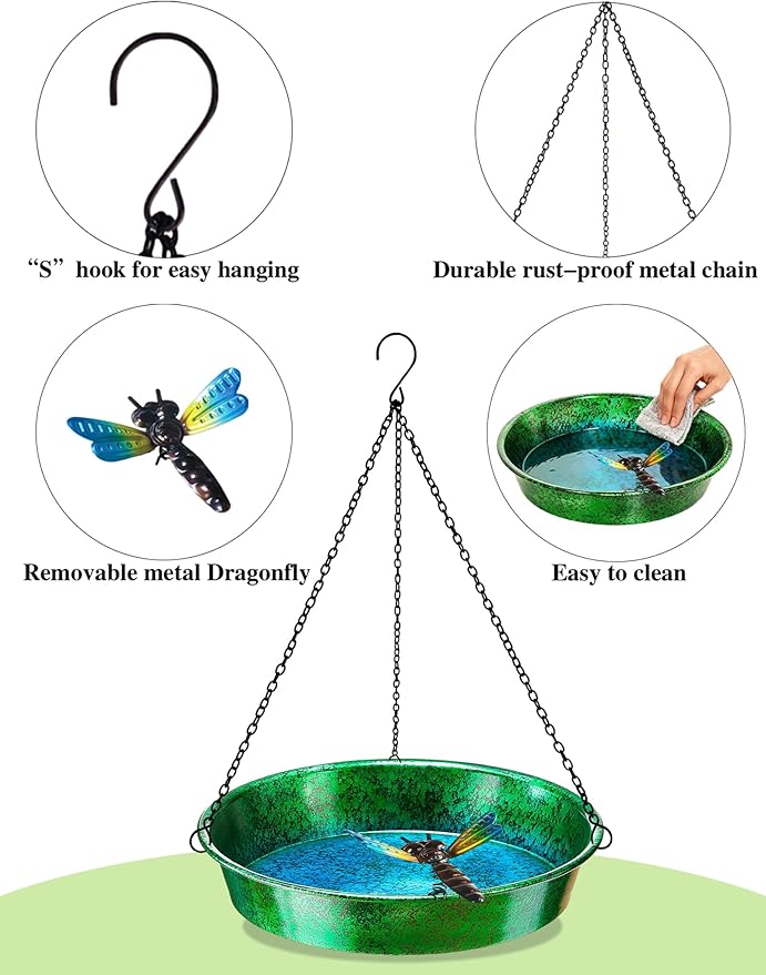 Hanging Bird Bath for Outside, 11.5” Metallic Green & Blue Metal Birdbath Bowl & Feeder with Black Chain Outdoor Garden Yard Decor
