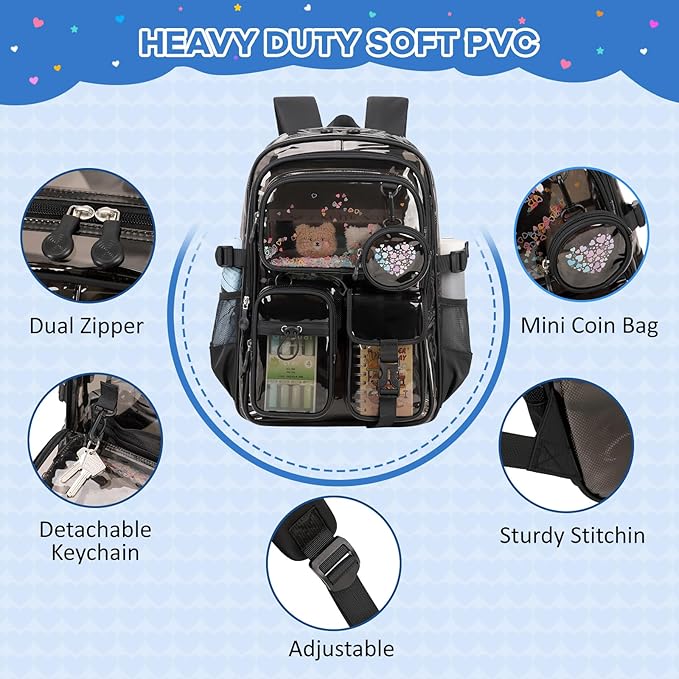 Clear Backpacks for Stadium Events Heavy Duty Clear Bookbag for School Girls Transparent Back Pack, Black Semitransparent