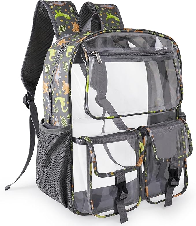 Clear Backpack for Boys, School Kids Heavy Duty See Through Bookbag Dinosaur Transparent Backpacks with Thicker Straps, Gray