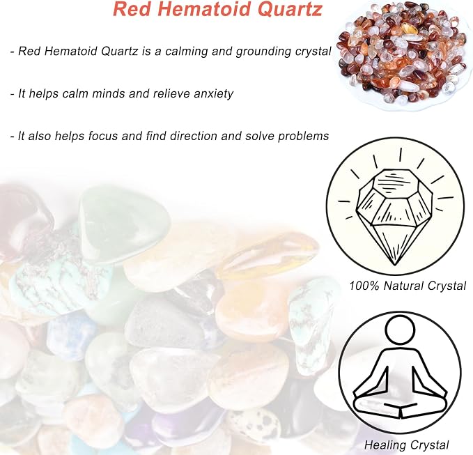 Erliway 100g Natural Red Hematoid Crystal Chips 7-9mm Tumbled Stones | Small Crushed Crystal Stone, Polished Crystals Chips for Fish Tank, Healing Tumbled Rocks for Reiki Jewelry Making Home Décor