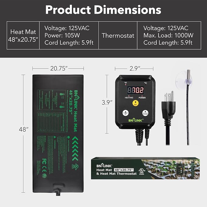 BN-LINK 48" x 20.75" Seedling Heat Mat with Thermostat Controller Combo Set | Plant Heating pad for Seed Starting with Temperature Control, Warming Mat for Indoor Growing, Plants Germination, ETL Listed