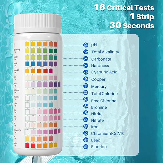 16-in-1 Pool & Spa Test Strips 100ct, for Pools, Hot Tubs, Aquariums | Fast 30s Results for pH, Alkalinity, Hardness, Heavy Metals (Pb, Hg, Cu), Chlorine, Bromine & More