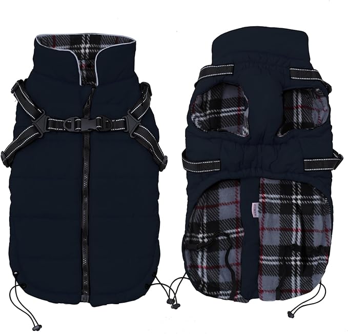 Geyecete Winter Warm Coat Waterproof Jacket with Harness Traction Belt,Pet Outdoor Jacket for Small Dogs-Navy