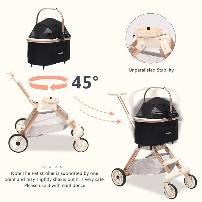 SUNNYFEEL Pet Stroller for Small Dogs and Cats, Aluminum Two-in-one Split, One-Click Foldable Dog Stroller, Holds up to 40 lbs, Storage Basket & Side Bag, Breathable Mesh, Black