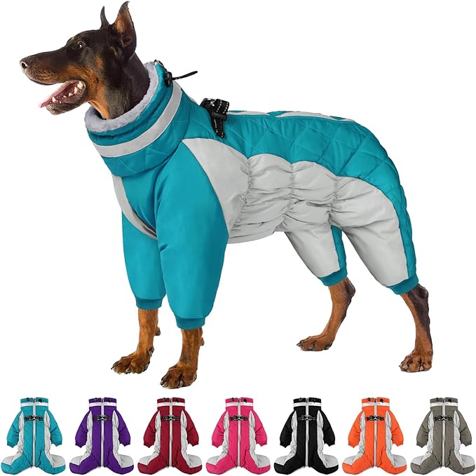 Full Body Dog Coat - Warm Fleece Jacket for Large Dogs, Turtleneck Winter Coats with Harness, Reflective Windproof Dog Snowsuit with Legs for Labrador,Golden Retriever, Turquoise 2XL