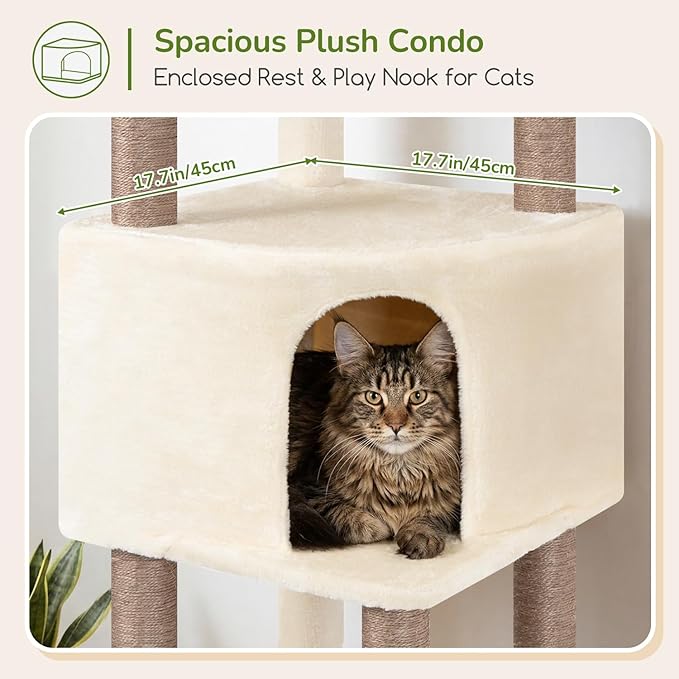 Globlazer Tall Cat Tree Tower for Large Adult Cats, Multi-Level Large 65 Inch Cat Scratching Tower with Hammock, 6 Scratching Posts, Basket and 2 Perches for Indoor Multiple Cats, F65D, Beige