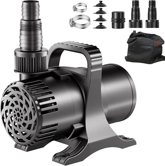 100W 1600 GPH Pond Pump, Ultra Quiet Heavy Duty Submersible Water Pump for Koi Ponds, Fountains, Aquariums & Waterfalls, Submersible & Inline Use, 20.3 ft Power Cord, Includes Filter Bag