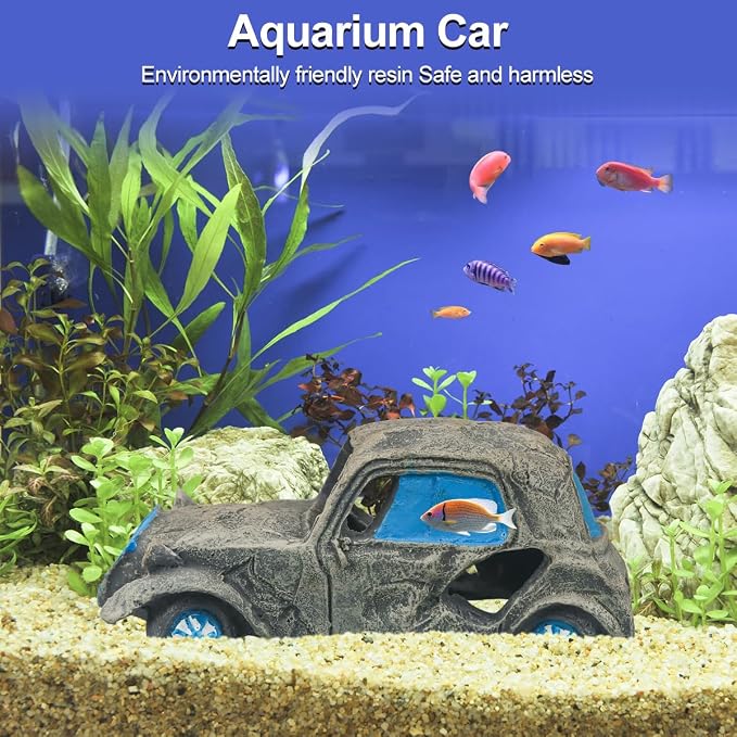 Virekm Resin Rock Cave Hideouts for Fish Tank Aquarium Decorations | Safe Natural Design Ornaments for Betta, Goldfish, Shrimp, Easy To Clean Aquarium Landscape Decor (car)