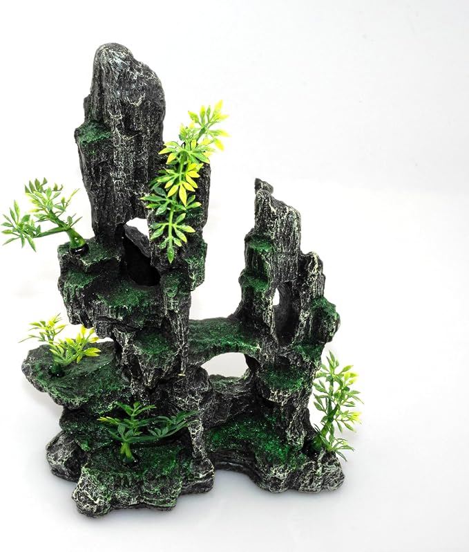 Aquarium Mountain View Stone Ornament, Large Resin Hideout Cave for Betta & Shrimp, Fish Tank Decor Rock Cave with Fish Cave and Hideouts (8.1" x 4.7" x 10")
