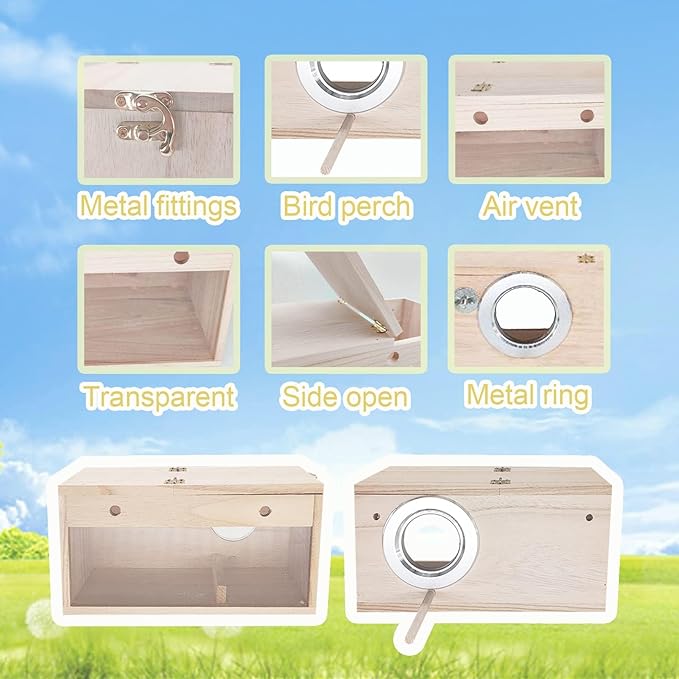 Tfwadmx Parakeet Nesting Box, Transparent Bird Nest Breeding Box, Wood Parrot Nest Box with Perch Bird Cage House for Cockatiel Lovebirds Budagie Canary Finch (M)