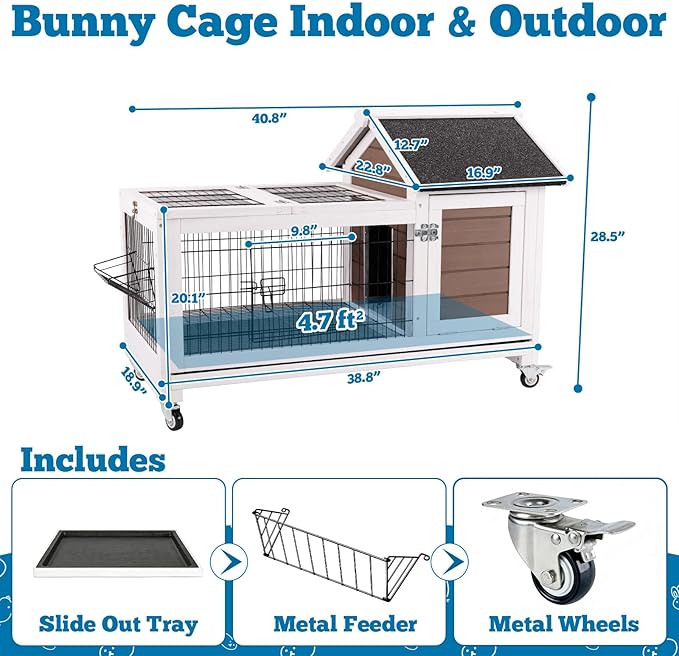 Rabbit Hutch Indoor Outdoor Weatherproof, Bunny Cage with Casters, Urine Guards, Leakproof Tray, Metal Feeder & Openable Roof, Easy Clean for Small Animals