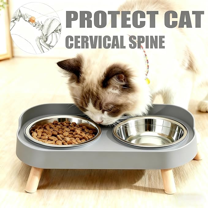 Elevated Cat Bowls, 2 Stainless Steel Raised Cat Food and Water Bowl Set, Splash Proof & Non-Slip, Whisker Fatigue Friendly, Dishwasher Safe for Cats and Small Dogs - Gray