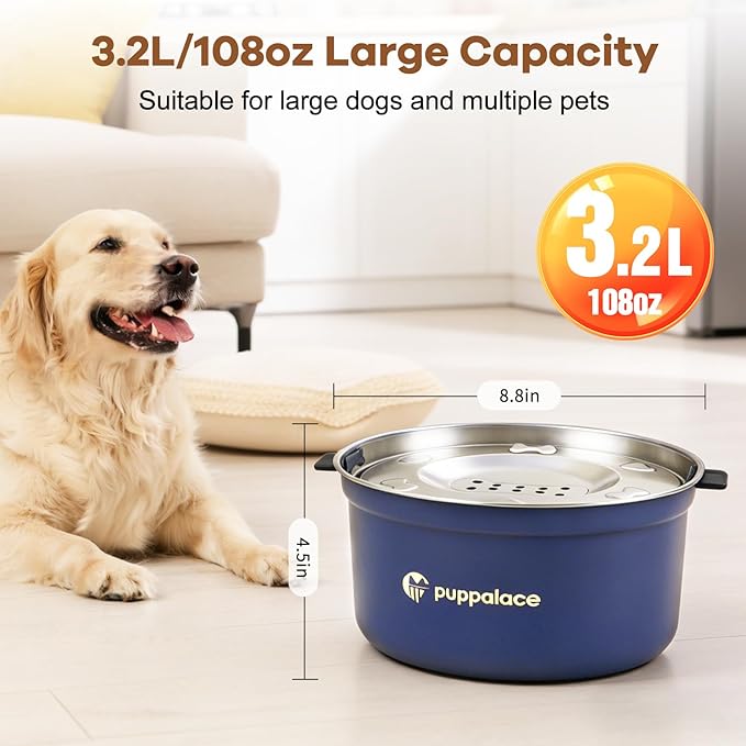 108oz No-Spill Stainless Steel Dog Water Bowl- Upgrade for Messy Drinkers, Splash Proof Design, Easy to Clean, Non-Slip Base, Large Capacity for Dogs and Cats (108oz, Blue)