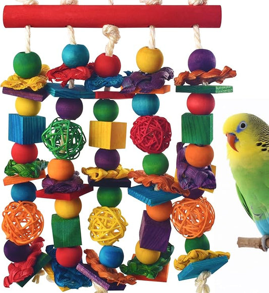 DBNESS Bird Toys, Parakeet Chewing Toy, Multicolored Natural Wooden Blocks Birds Parrot Tearing Toys mit Rattan Wicker Balls, for Medium Small Macaw Cockatoos Budgie Lovebird Cockatiel Conures