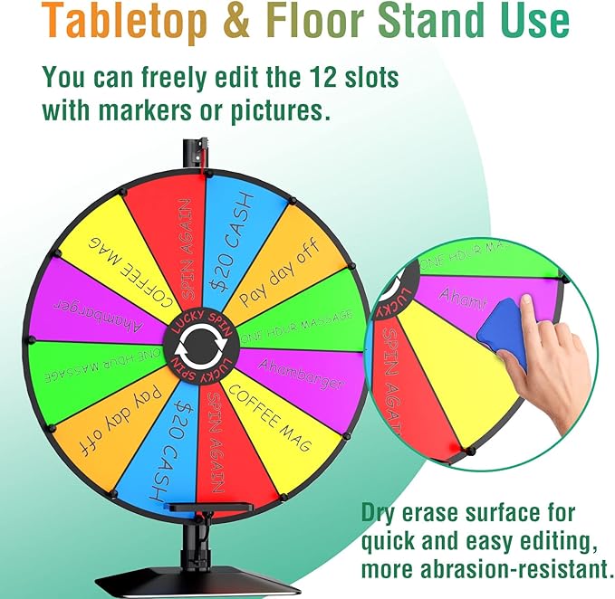 24" Prize Wheel - Dual Use Tabletop or Height Adjustable Floor Stand Heavy Duty Spinner Wheel of Fortune with 12 Slots & Dry Erase & Eraser for Carnival, Trade Show, Fortune Spinning Game