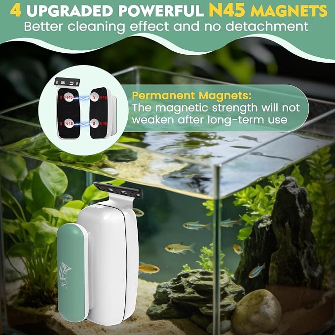 AQQA Aquarium Magnet Glass Cleaner with 2 Types of Blades, Self-Floating | Enhanced Magnetic Fish Tank Cleaner Aquarium Glass Scrubber Algae Scrapers for up to 0.5" Thick Glass/ Acrylic Aquariums (M)