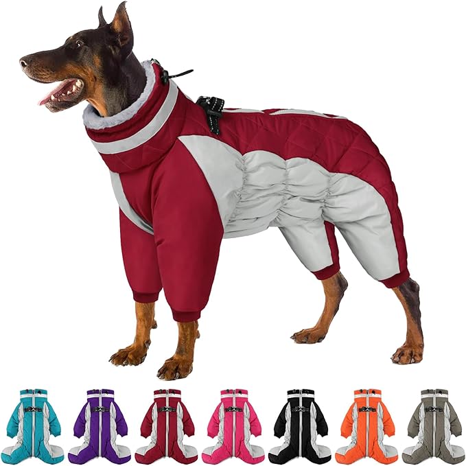 Full Body Dog Coat - Warm Fleece Jacket for Large Dogs, Turtleneck Winter Coats with Harness, Reflective Dog Snowsuit Windproof Puffer Jackets with Legs for Weimaraner, Burgundy XL
