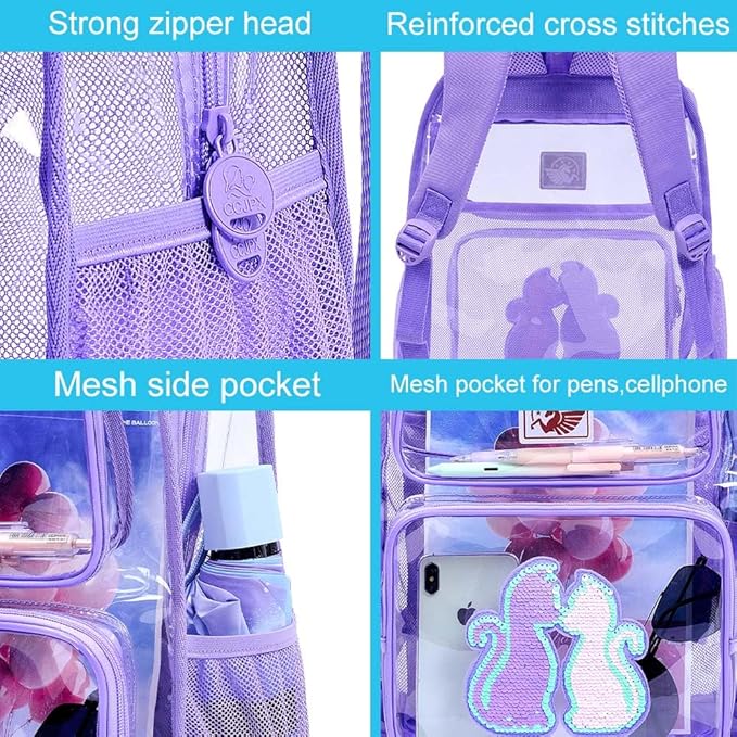 AGSDON 3PCS Clear Backpack for Girls, Kids Cat Transparent Backpack with Heavy Duty PVC, See Through Backpacks with Lunch Bag-Purple