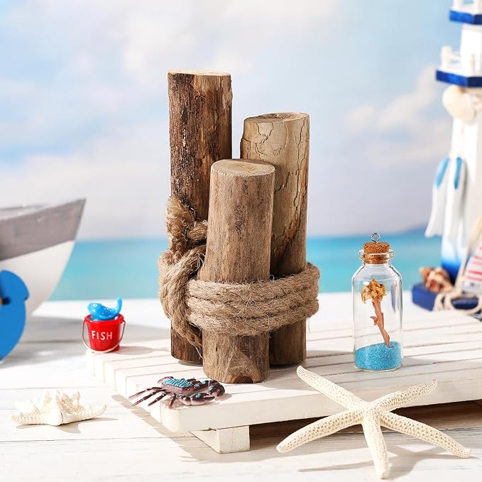 3 Pcs Driftwood Piling Rope Wrapped Coastal Nautical,Brown | Artificial Wood Pilings as Beach Centerpieces, Farmhouse Rustic Table Decor, Coastal Accents for Dining and Aquariums