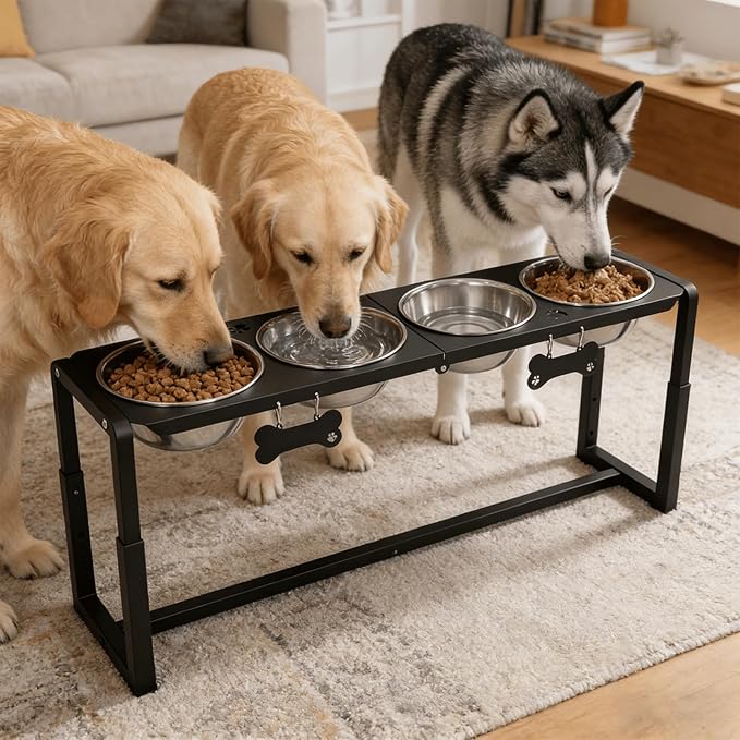 Metal Elevated Dog Bowls, Raised Dog Bowls for Medium/Large Sized Dogs with Four 58oz Stainless Steel Food Bowls, 3 Adjustable Height (8.8"/11.5"/14") Dog Bowl Stand Protect Neck & Joints