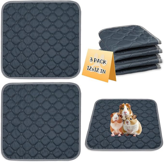Reusable Guinea Pig Cage Liners, 12" x 12" (Pack of 3) Washable Pee Pads , Super Absorbent & Waterproof & Anti-Slip Pet Bedding Liner, Rabbit Cage Mat for Small Animals (Gray)