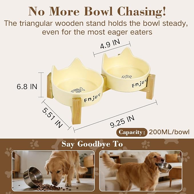 Ceramic Dog and Cat Bowl Set with Wooden Stand-Raised Non-Slip Bottom Weighted Matte Glaze Pet Feeder-Yellow Cat Ear-6.76 OZ