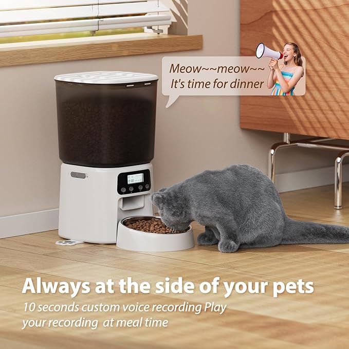 Petrice Automatic Cat Feeder, 4L/16Cups Cat Food Dispenser with Stainless Steel Bowl 30 Portions 6 Meals per Day, Programmable Auto Cat Feeder for Kitty Small Dogs with 10S Voice Record, White