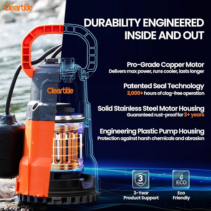 Cleartide Submersible Water Sump Pump with Float Switch, 1/3 HP 2790 GPH High Flow, 100% Copper Motor, Ideal for Pool, Ideal for Yard and Flooded Cellar, Hot Tub, Garden Irrigation,10 FT Cord