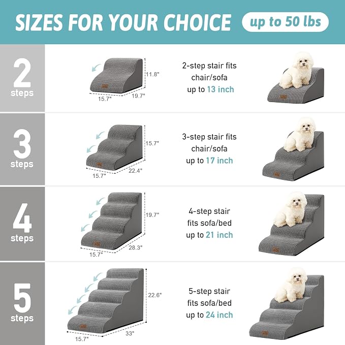COZY KISS Dog Stairs for Small Dogs 15.7" H, Curved Dog Step for Puppy, Older Cat, Medium Pet Ramp for Sofa, Couch or Chair, Ladder with High Density Foam, 3 Step, 15.7x22.4x15.7 inch, Dark Grey