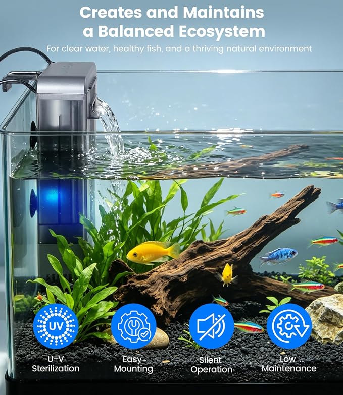 Aquarium Filter with U-V Light, Internal Fish Tank Filter for Up to 40 Gallon, Turtle Tank Filter Bio-Filtration, Ultra-Silent, and Green Water Clean