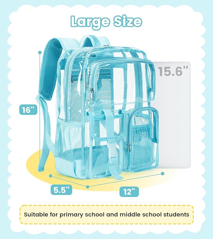 Vorspack Clear Backpack - Heavy Duty Transparent Bookbag for Adults Large See Through backpacks for Work, College, Travel - Sky Blue