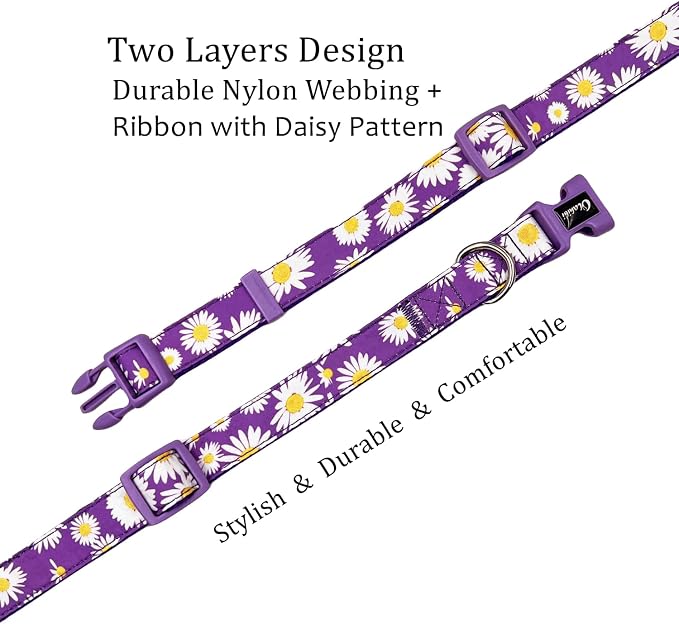 Dog Collar Leash Set, Floral Pattern, Nylon Webbing Plus Cotton Ribbon, 5ft Matching Leash, for Large Dogs.(L, Purple Daisy)