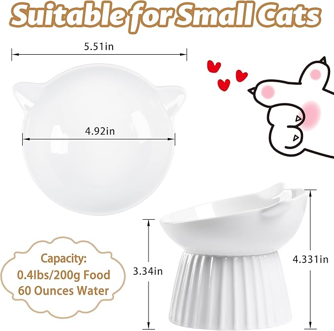 Ceramic Raised Cat Bowl，Tilted Raised Bowl Anti Vomit for Indoor Cats Whisker Friendly Pet Feeder for Cats Puppies, Microwave and Dishwasher Safe (White-2 Pack)