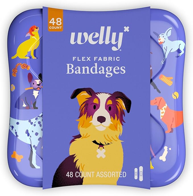 Welly Bandages | Adhesive Flexible Fabric Bravery Badges | Assorted Shapes for Minor Cuts, Scrapes, and Wounds | Colorful and Fun First Aid Tin | Dogs Patterns - 48 Count