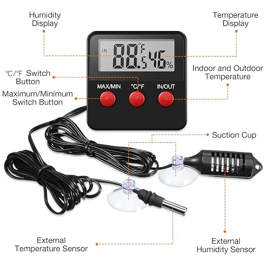 Weewooday 4 Pcs Reptile Thermometer and Humidity Gauge Reptile Terrarium Thermometer Hygrometer with Probes Indoor Outdoor Digital Pet Temperature and Hygrometer Gauge for Pet Keeping