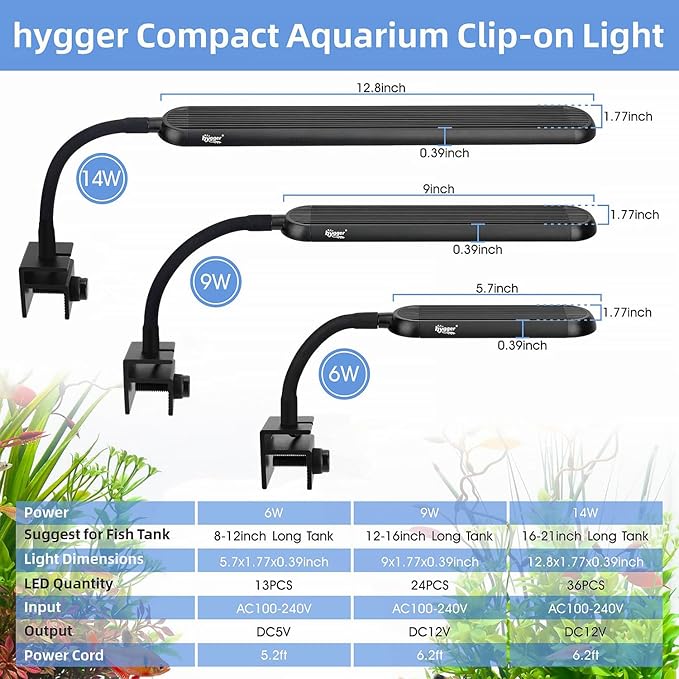 hygger 0.5-5 Gallon Nano Tank Mini Clip-on Aquarium Light with White Blue Red LEDs Fish Tank Lighting Built-in Timer 5 Brightness Levels 6W with USB Port (Include Power Adapter)