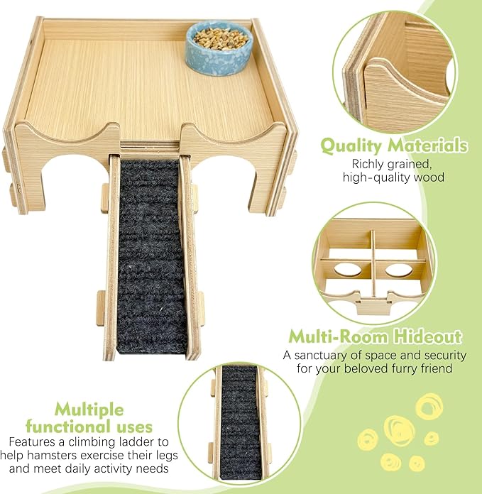 BNOSDM Wooden Hamster Hideout Syrian Hamsters Multi-Room Hideouts & Tunnel Exploring Toys Gerbils Wood House with Ladder for Dwarf Mouse Mice Rat and Other Small Animals