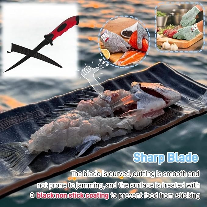 Fishing Knife Set, Fish Cleaning Kit, Filet Knife for Fish, Fish Scale Cleaning Brush, Multi-Functional Scissors, Gloves, Fishbone Tweezers, Storage Bag,Fishing Accessories,Fishing Tool Kit