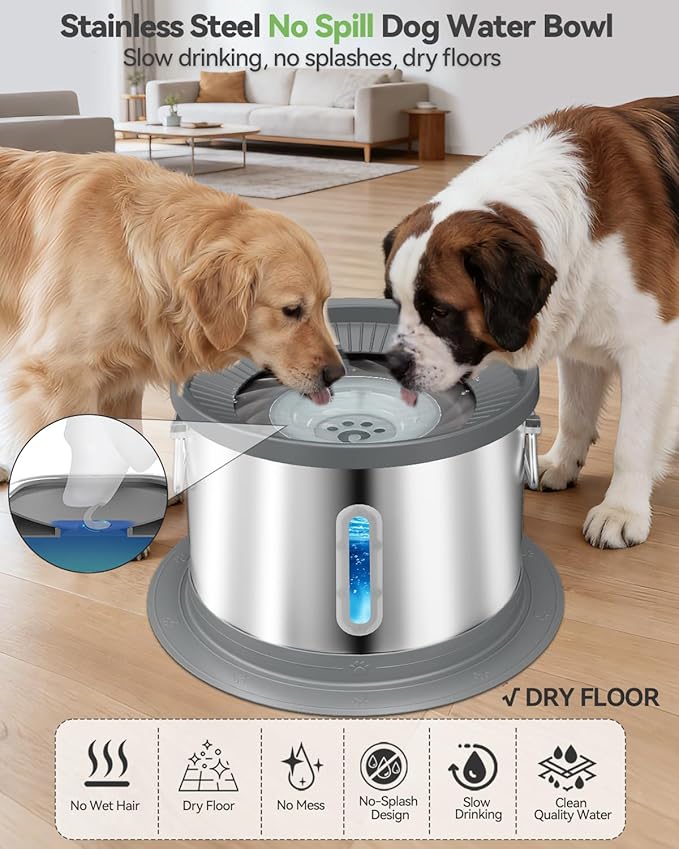 UPSKY 14L No Spill Dog Water Bowl, Stainless Steel Spill Proof Dog Bowl with Water Window, Dual-Suction Anti-Slip Large Capacity Slow Drinking Bowl with Floating Disk for Large Dogs & Messy Drinkers