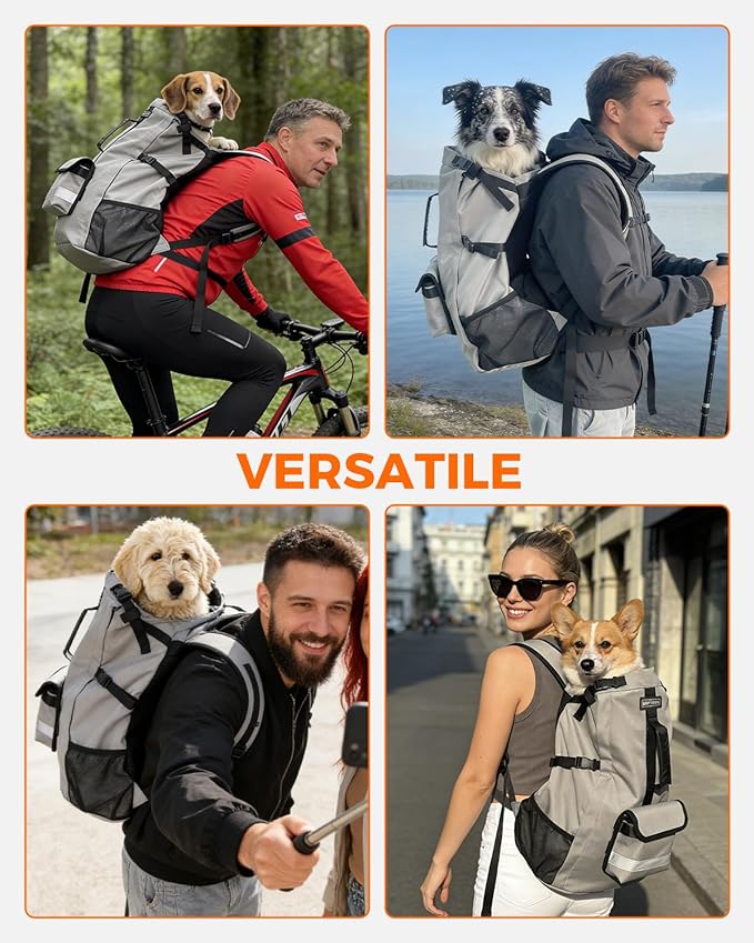 Dog Backpack Carrier for Medium Dogs - 4-Layer Protection, Under 30 lb, Waterproof, Adjustable Dog Hiking Backpack with Storage Pockets, Reflective Strips, Non-Slip Handle for Travel - Grey