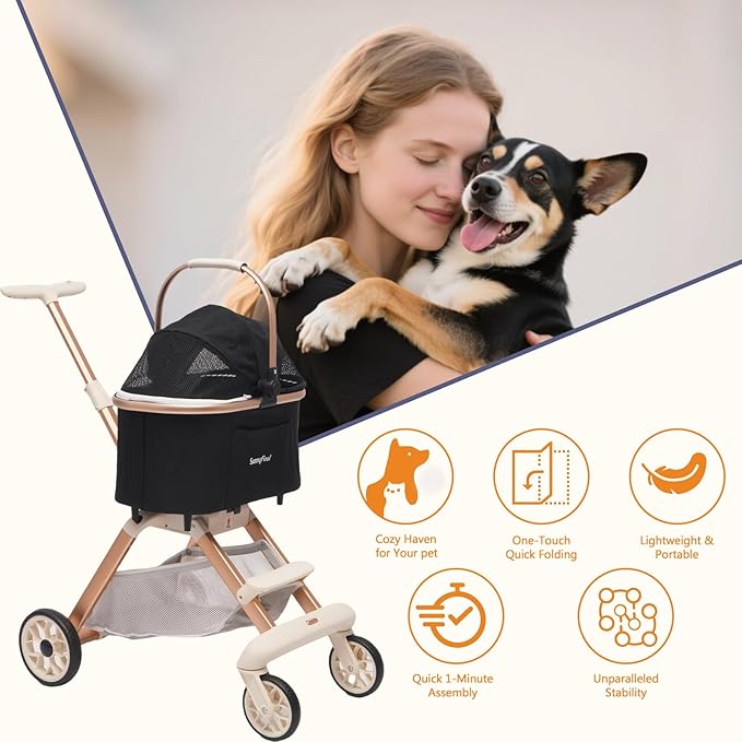 SUNNYFEEL Pet Stroller for Small Dogs and Cats, Aluminum Two-in-one Split, One-Click Foldable Dog Stroller, Holds up to 40 lbs, Storage Basket & Side Bag, Breathable Mesh, Black