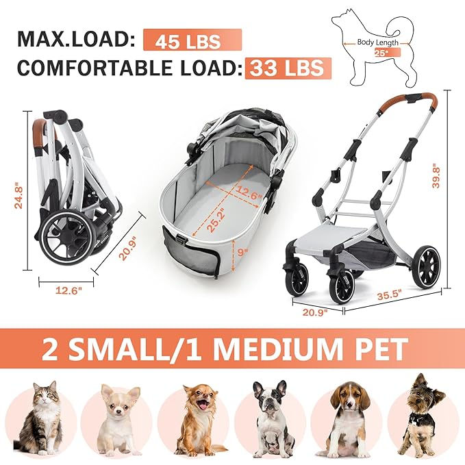 3 in 1 Pet Stroller for Small/Medium Dogs & Cats with Detachable Carrier, Storage Basket and Pet Pad, 4 Wheels Foldable Pet Travel Carrier for Car Seat & Hand Carry, Safe Outings (Grey)