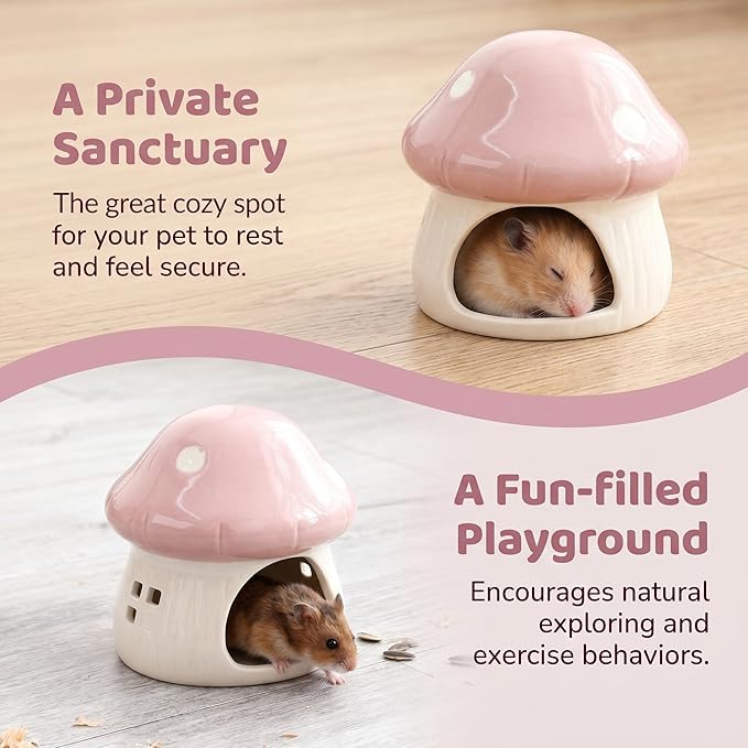 Ceramic Hamster House Small Animal Hideout Outdoor Cartoon Multipurpose Hamster Hide Bed Mushroom Shaped for Rats Chipmunk, Pink