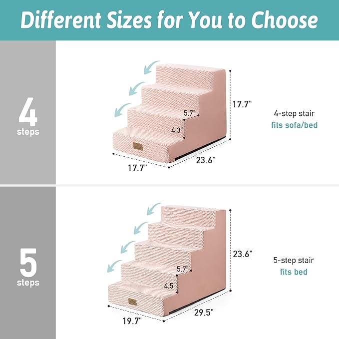 COZY KISS Dog Stairs for Small Dogs, 17.7" Extra Wide Right-Angle Pet Stairs for Couch and Beds, Anti-Slip Dog Steps for Old Cats and Lowrider, 17.7x23.6x17.7 inch, Pink
