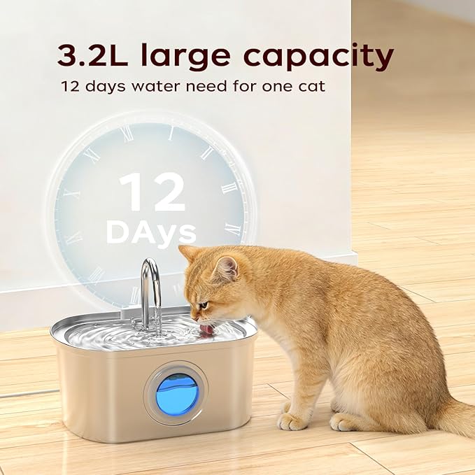 Cat Water Fountain Stainless Steel with Water Level Window,108oz/3.2L Cat Fountain Quiet Automatic Pet Water Fountain for Cats and Small Dogs