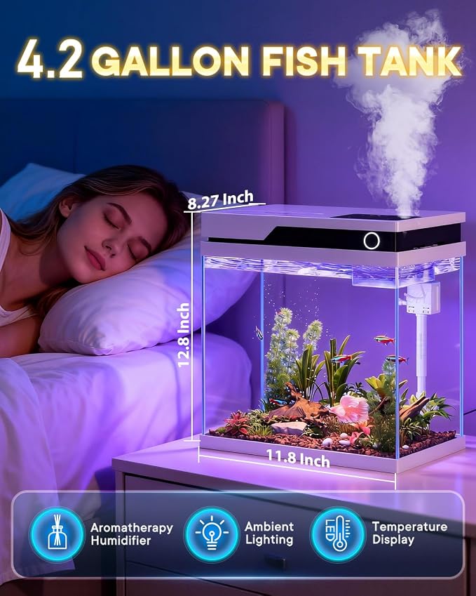 Vehipa Fish Tank, Smart Fish Aquarium Kit 4.2 Gallon | with Auto Feeder, 4-in-1 Silent Pump, Adjustable Lighting, Temperature Display & Humidifier for Desktop, Office, Room