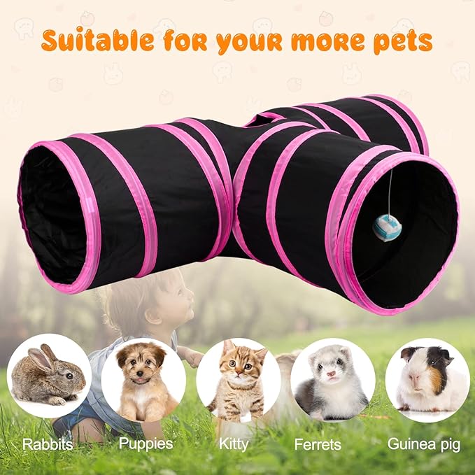 BWOGUE Bunny Tunnels & Tubes Collapsible 3 Way Bunnys Hideout Small Animal Activity Tunnel Toys for Dwarf Rabbits Guinea Pigs Kitty