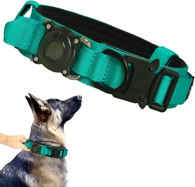 Upgraded AirTag Dog Collar,Waterproof Tactical Dog Collar with AirTag Holder, Control Handle and Metal Buckle,Heavy Duty Dog Collars for Large Dogs (Teal，L