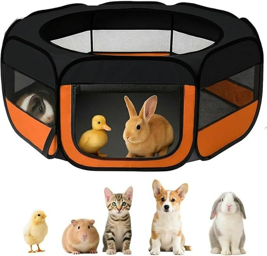 UWE Extra Large Small Animal Playpen, XL Portable Pet Playpen for Rabbit, Kitten, Guinea Pig, Hamster, Puppy – Waterproof Foldable Mesh Tent with Zipper Cover, Indoor Outdoor Use, Orange