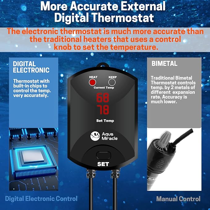 AquaMiracle Upgraded 200W Aquarium Heater Fish Tank Heater Turtle Heater Super Compact Aquarium Heater, Dry-Run/Overheating Protection and Memory Function, Dual LED Display, for 20-40 Gal Tanks